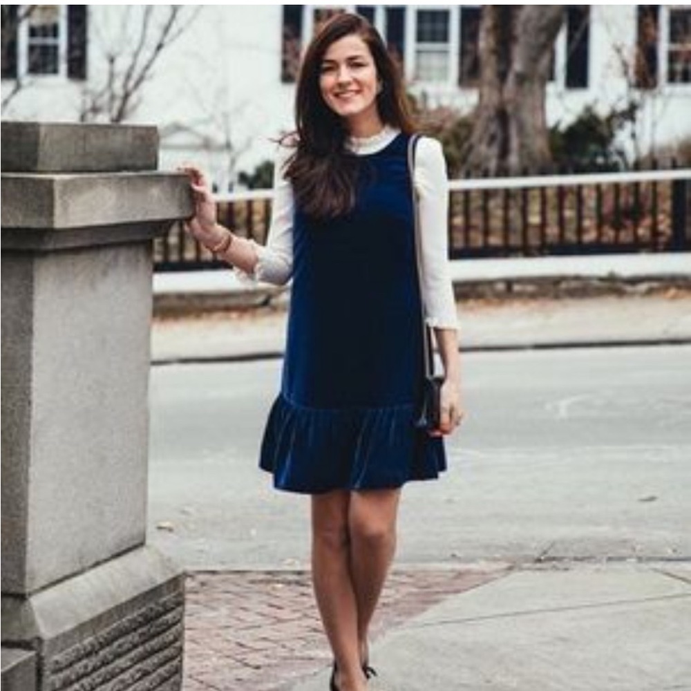 J Crew Deep Navy Blue Velvet Ruffle Hem Dress Holiday Glam